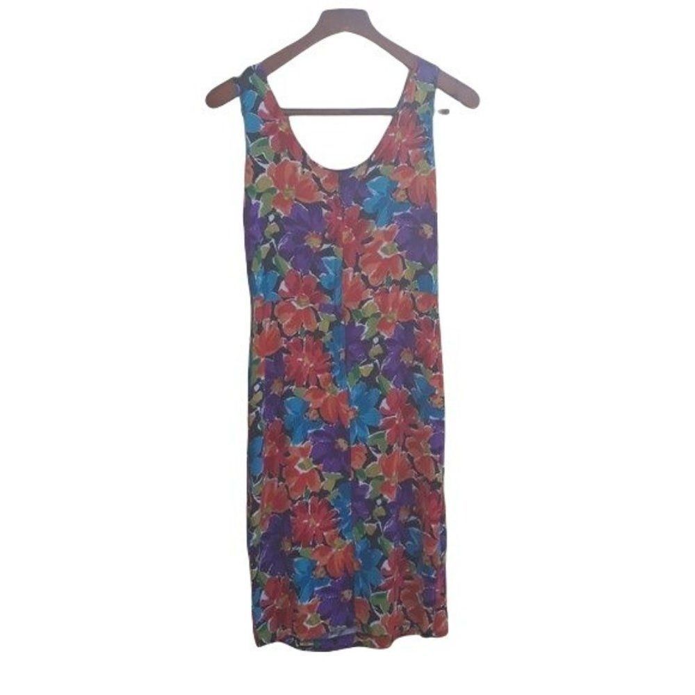 Vintage 80's Dress Tropical Hawaiian Island‎ Belted Floral Sleeveless Sz M - Picture 2 of 8